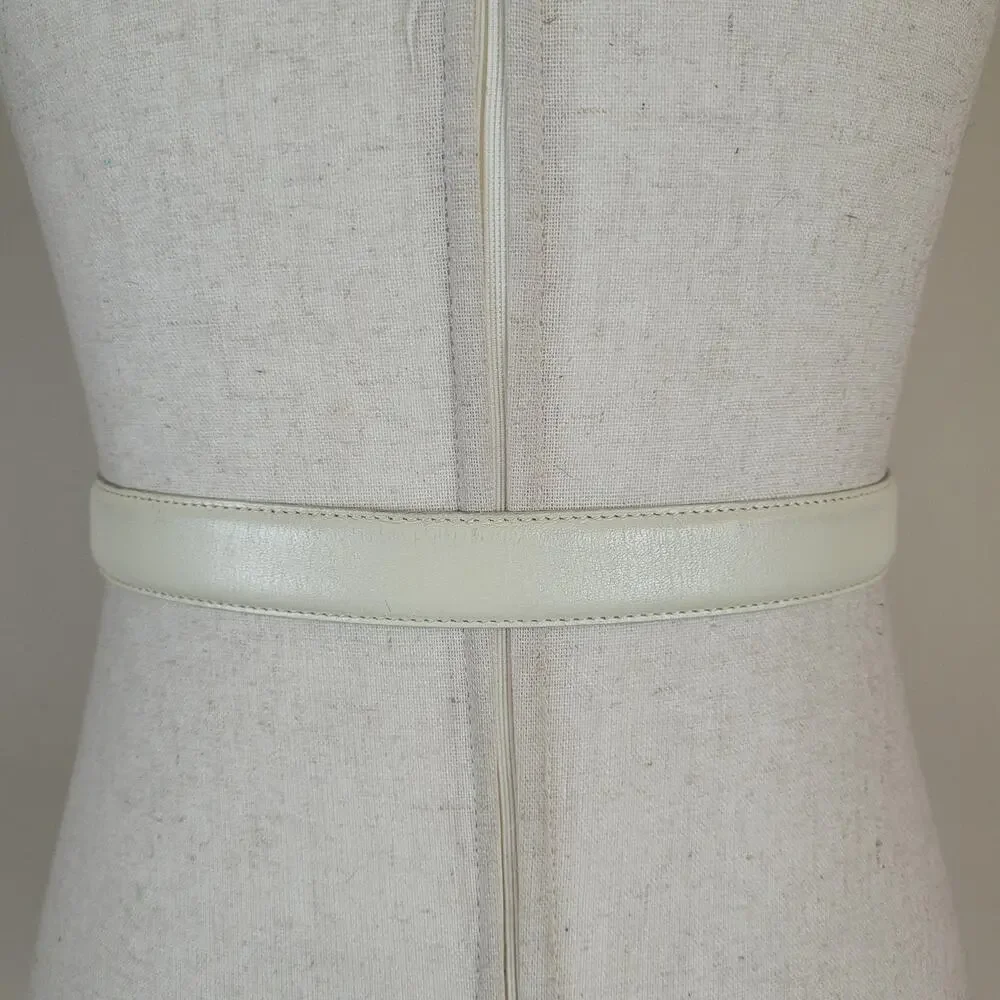 Vintage Liz Claiborne‎ Belt Large Cream Leather Gold Buckle Dress Classic 90s